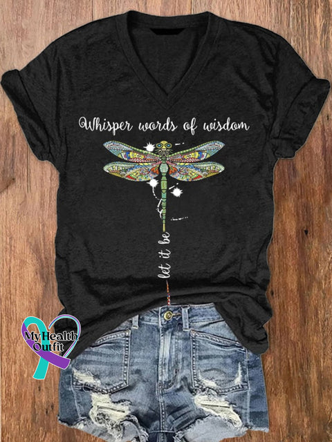 Women’s Hippie Whisper Word Of Wisdom Let It Be Dragonfly Print V-Neck T-Shirt Black / S