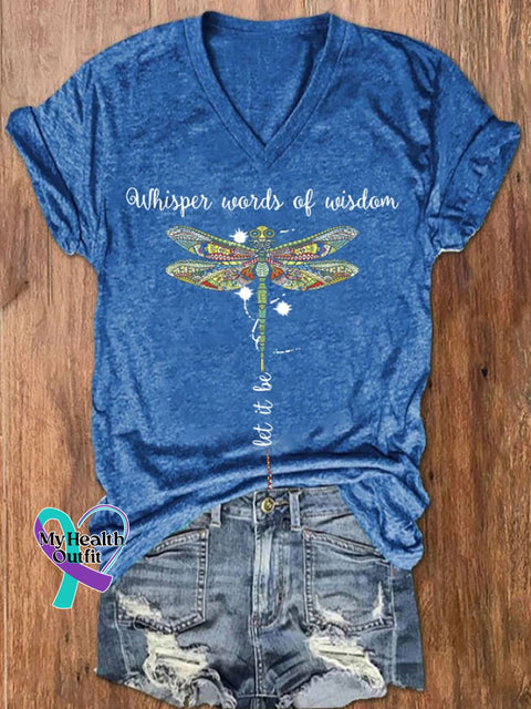 Women’s Hippie Whisper Word Of Wisdom Let It Be Dragonfly Print V-Neck T-Shirt Blue / S