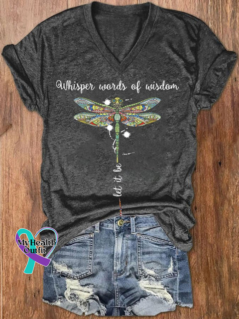 Women’s Hippie Whisper Word Of Wisdom Let It Be Dragonfly Print V-Neck T-Shirt Dark Grey / S