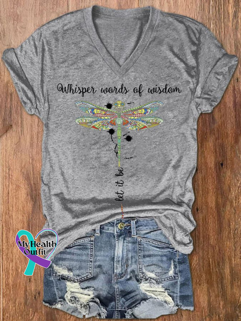 Women’s Hippie Whisper Word Of Wisdom Let It Be Dragonfly Print V-Neck T-Shirt Light Grey / S