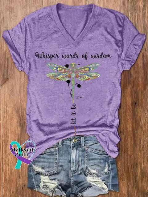 Women’s Hippie Whisper Word Of Wisdom Let It Be Dragonfly Print V-Neck T-Shirt Light Purple / S
