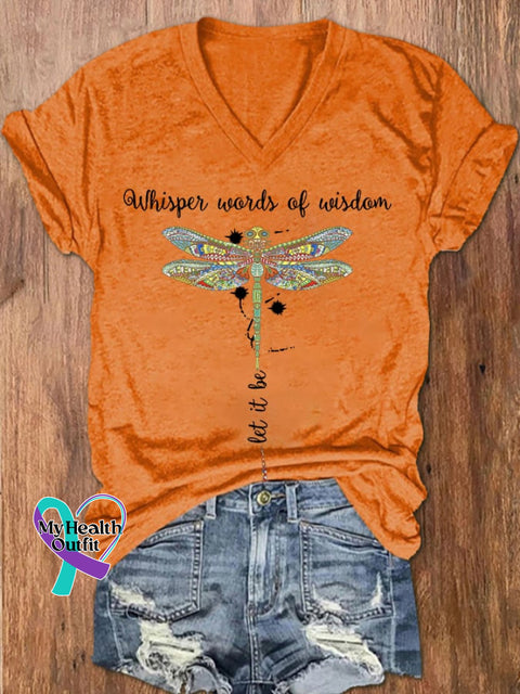 Women’s Hippie Whisper Word Of Wisdom Let It Be Dragonfly Print V-Neck T-Shirt Orange / S
