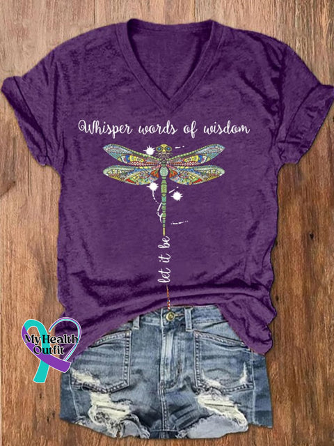 Women’s Hippie Whisper Word Of Wisdom Let It Be Dragonfly Print V-Neck T-Shirt Purple / S