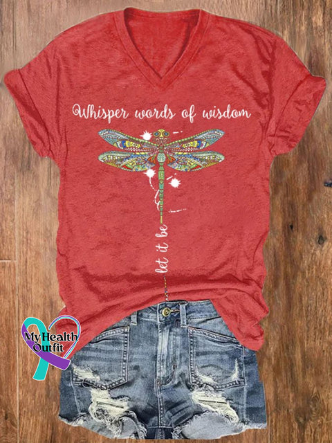 Women’s Hippie Whisper Word Of Wisdom Let It Be Dragonfly Print V-Neck T-Shirt Red / S