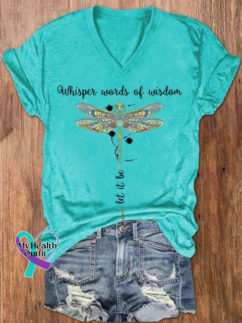Women’s Hippie Whisper Word Of Wisdom Let It Be Dragonfly Print V-Neck T-Shirt Water Blue / S