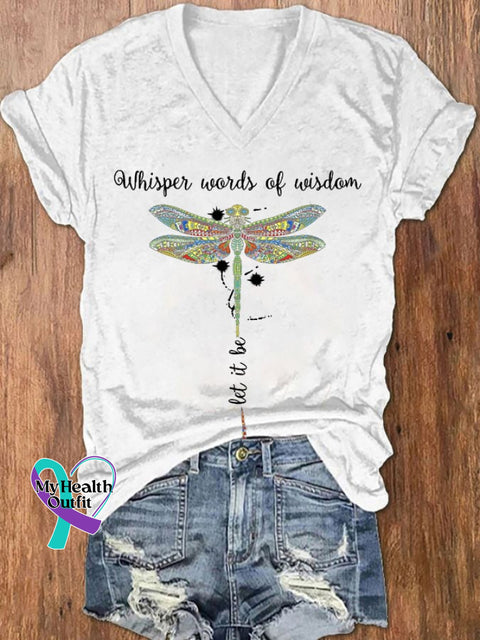 Women’s Hippie Whisper Word Of Wisdom Let It Be Dragonfly Print V-Neck T-Shirt White / S