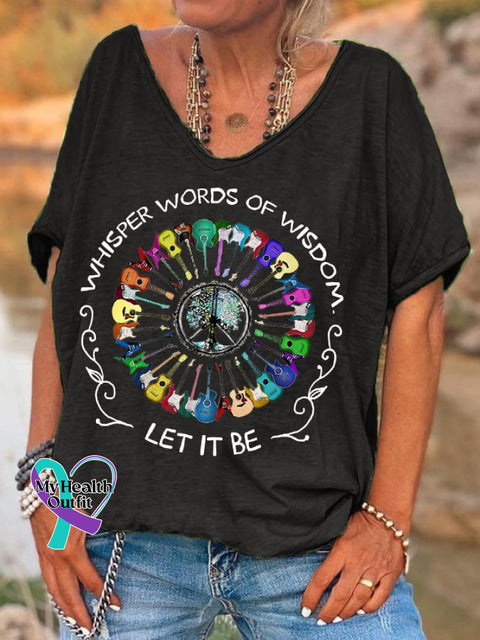 Women’s Hippie Whisper Words Of Wisdom Let It Be Guitar Peace Casual V-Neck Tee Black / S