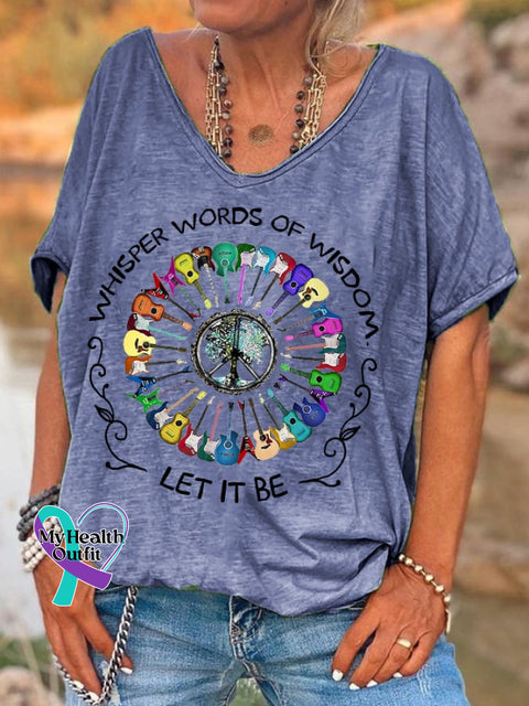 Women’s Hippie Whisper Words Of Wisdom Let It Be Guitar Peace Casual V-Neck Tee Blue / S
