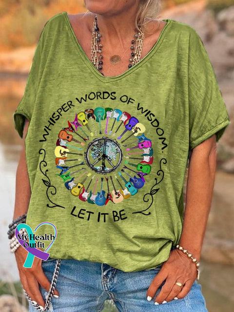 Women’s Hippie Whisper Words Of Wisdom Let It Be Guitar Peace Casual V-Neck Tee Green / S
