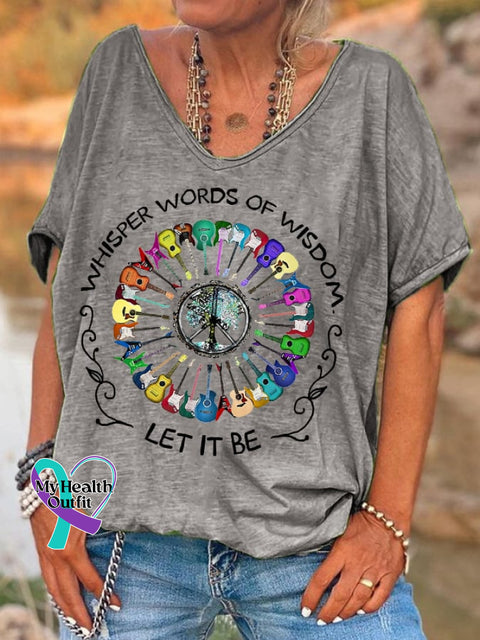 Women’s Hippie Whisper Words Of Wisdom Let It Be Guitar Peace Casual V-Neck Tee Grey / S