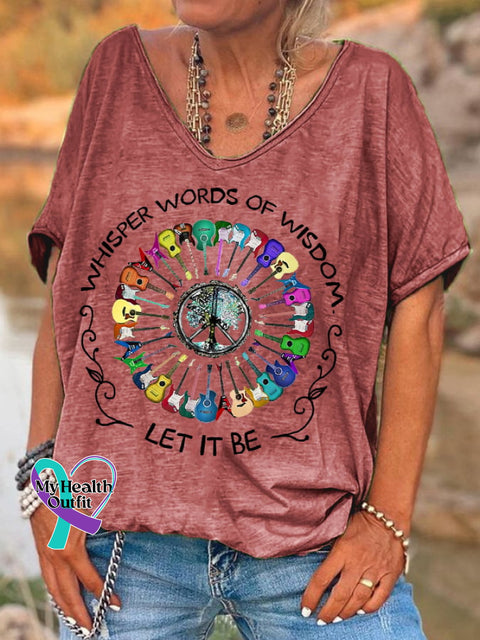 Women’s Hippie Whisper Words Of Wisdom Let It Be Guitar Peace Casual V-Neck Tee Red / S