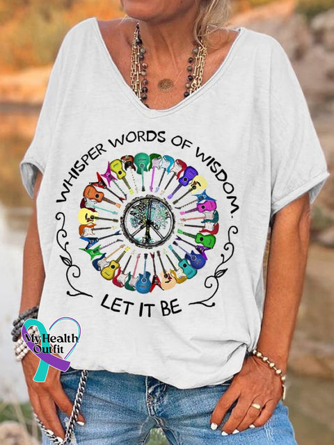 Women’s Hippie Whisper Words Of Wisdom Let It Be Guitar Peace Casual V-Neck Tee White / S