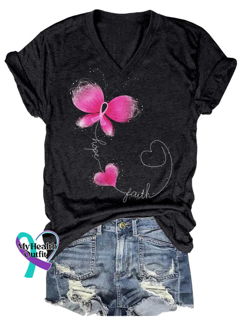 Women’s Hope Faith Breast Cancer Awareness V-neck Casual T-Shirt Black / S