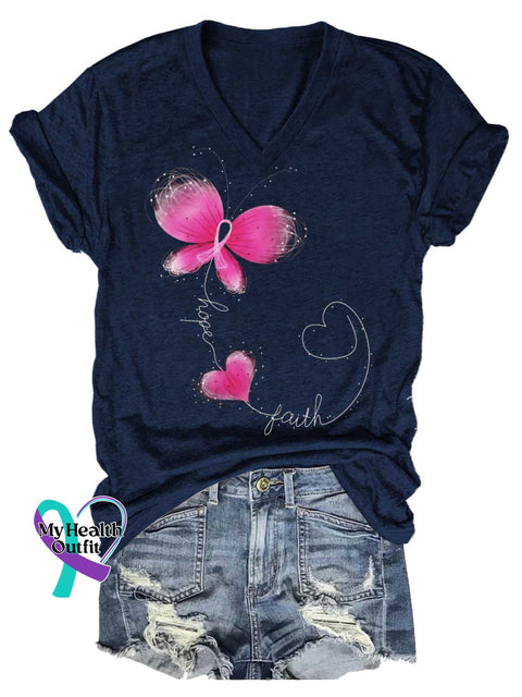 Women’s Hope Faith Breast Cancer Awareness V-neck Casual T-Shirt Blue / S