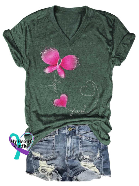 Women’s Hope Faith Breast Cancer Awareness V-neck Casual T-Shirt Green / S