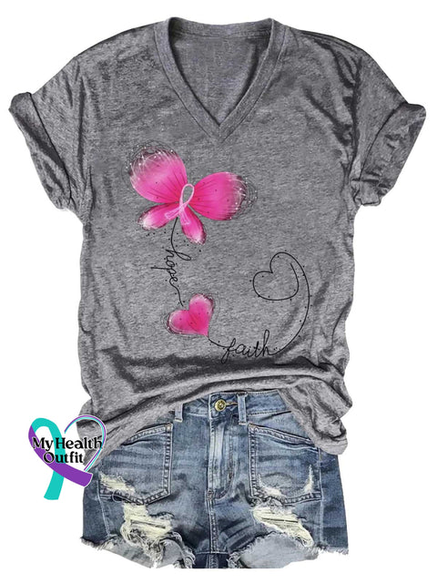 Women’s Hope Faith Breast Cancer Awareness V-neck Casual T-Shirt Grey / S