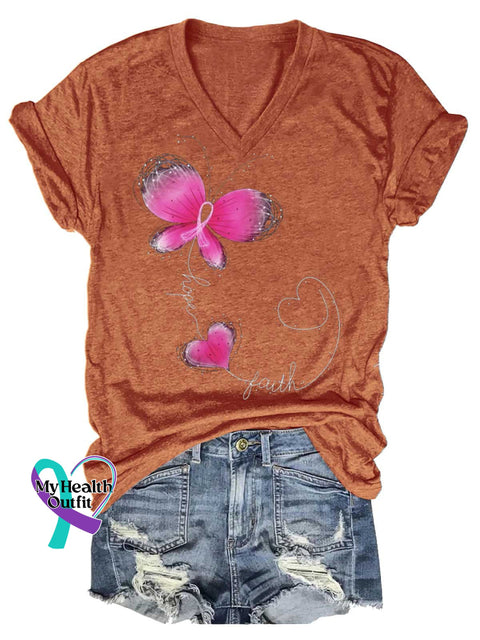 Women’s Hope Faith Breast Cancer Awareness V-neck Casual T-Shirt Orange / S