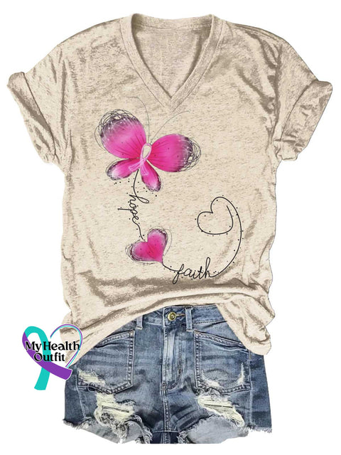 Women’s Hope Faith Breast Cancer Awareness V-neck Casual T-Shirt Sand / S