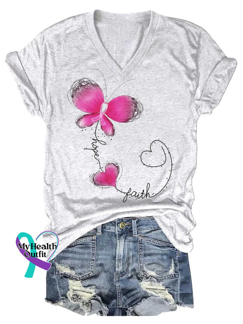 Women’s Hope Faith Breast Cancer Awareness V-neck Casual T-Shirt White / S