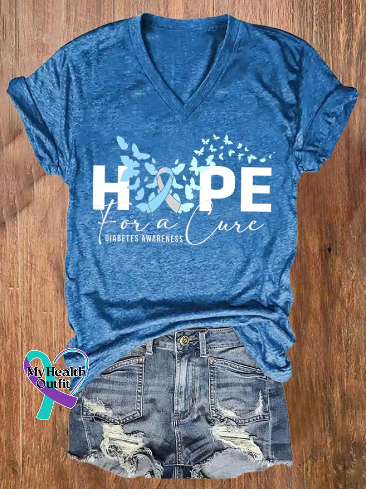 Women’s Hope For Cure Diabetes Awareness Butterfly Printed Casual T-Shirt Blue / S