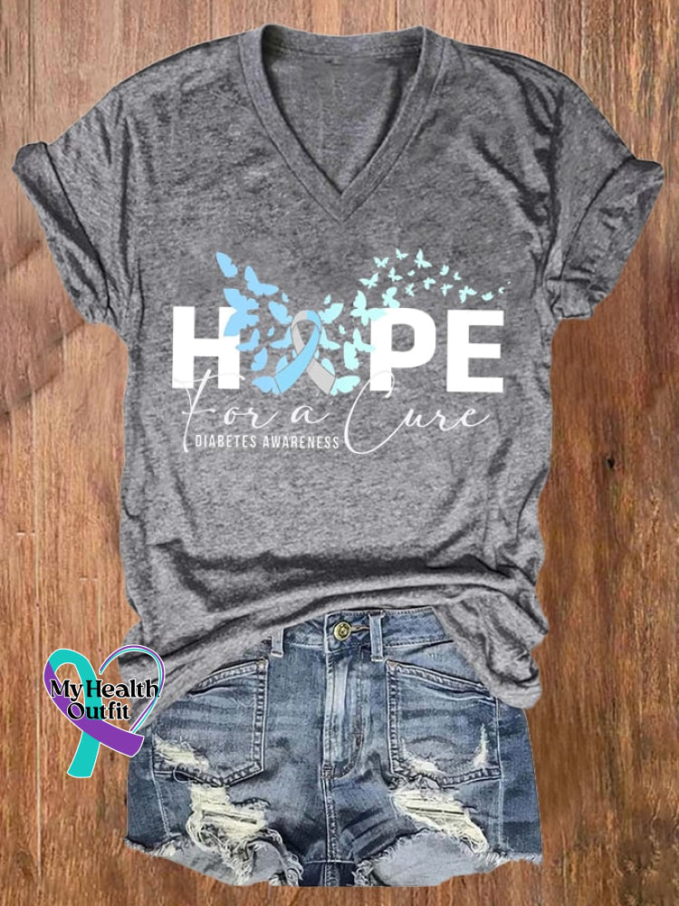 Women’s Hope For Cure Diabetes Awareness Butterfly Printed Casual T-Shirt Grey / S