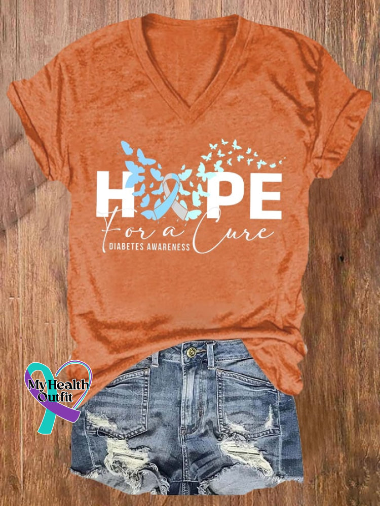 Women’s Hope For Cure Diabetes Awareness Butterfly Printed Casual T-Shirt Orange / S