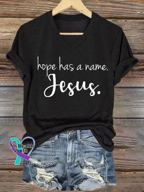 Women’s Hope Has A Name Jesus Printed Casual V-Neck T-Shirt Black / S