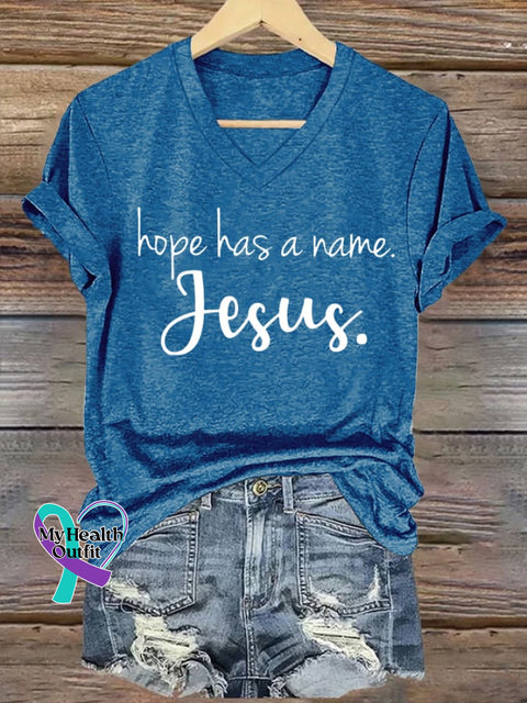Women’s Hope Has A Name Jesus Printed Casual V-Neck T-Shirt Blue / S