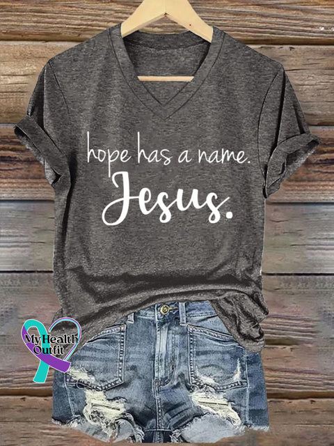 Women’s Hope Has A Name Jesus Printed Casual V-Neck T-Shirt Dark Grey / S