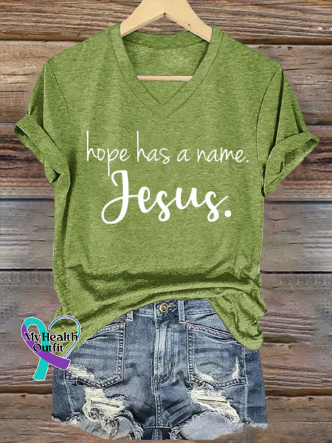 Women’s Hope Has A Name Jesus Printed Casual V-Neck T-Shirt Green / S