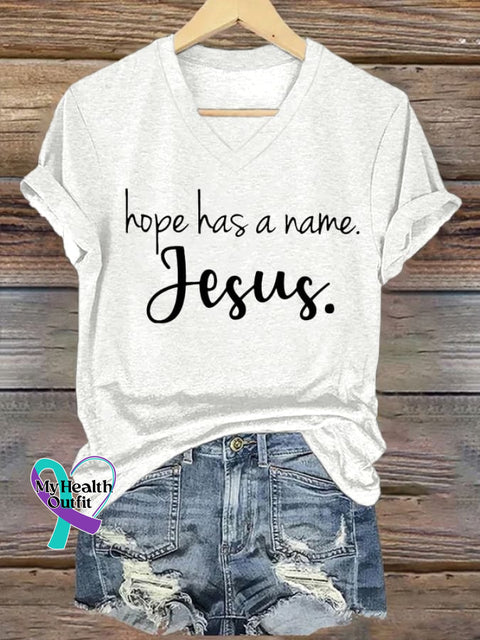 Women’s Hope Has A Name Jesus Printed Casual V-Neck T-Shirt White / S