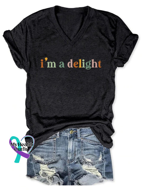 Women’s I Am A Delight V-Neck Casual T-Shirt Black / S