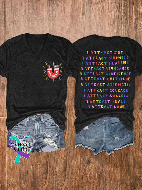 Women’s I AM MAGMETIC I ATTRACT KINDNESS Mental Health Awareness V-neck Casual T-Shirt Black / S