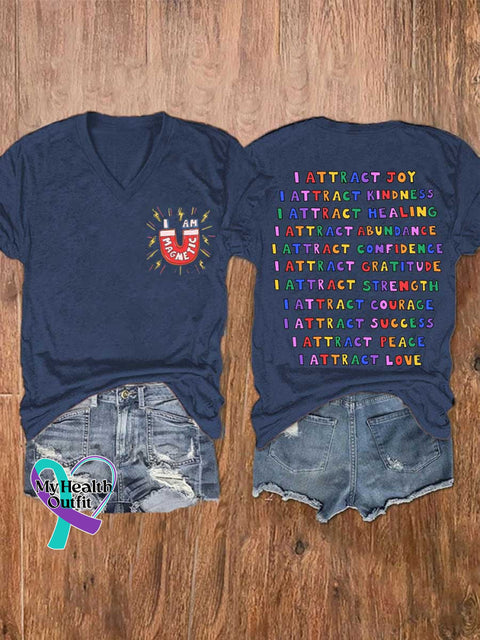 Women’s I AM MAGMETIC I ATTRACT KINDNESS Mental Health Awareness V-neck Casual T-Shirt Blue / S