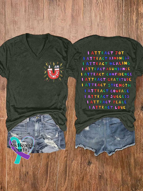 Women’s I AM MAGMETIC I ATTRACT KINDNESS Mental Health Awareness V-neck Casual T-Shirt Green / S