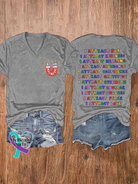 Women’s I AM MAGMETIC I ATTRACT KINDNESS Mental Health Awareness V-neck Casual T-Shirt Grey / S