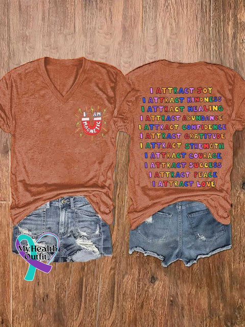 Women’s I AM MAGMETIC I ATTRACT KINDNESS Mental Health Awareness V-neck Casual T-Shirt Orange / S