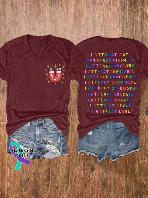 Women’s I AM MAGMETIC I ATTRACT KINDNESS Mental Health Awareness V-neck Casual T-Shirt Red / S