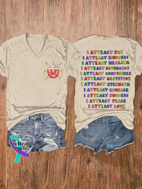 Women’s I AM MAGMETIC I ATTRACT KINDNESS Mental Health Awareness V-neck Casual T-Shirt Sand / S