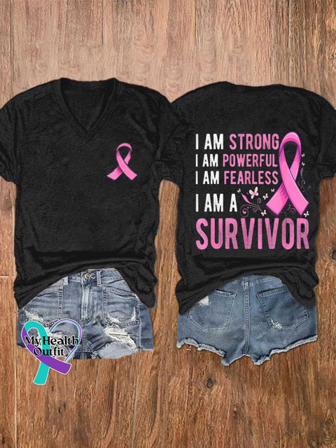 Women’s I AM STRONG I AM POWERFUL I AM FEARLESS I AM A SURVIVOR Breast Cancer Awareness V-neck Casual T-Shirt Black / S