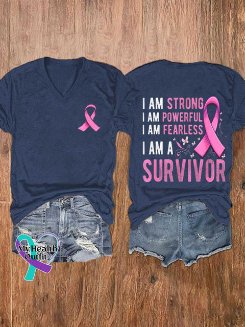Women’s I AM STRONG I AM POWERFUL I AM FEARLESS I AM A SURVIVOR Breast Cancer Awareness V-neck Casual T-Shirt Blue / S
