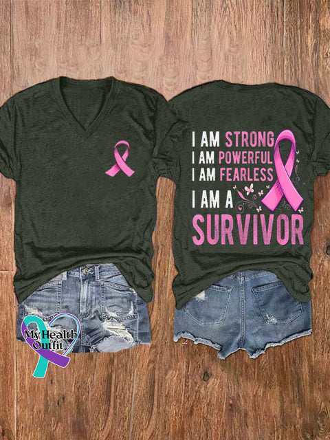 Women’s I AM STRONG I AM POWERFUL I AM FEARLESS I AM A SURVIVOR Breast Cancer Awareness V-neck Casual T-Shirt Green / S