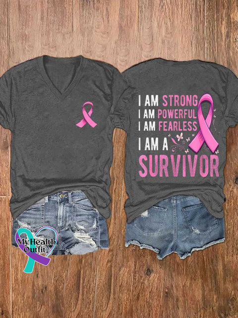 Women’s I AM STRONG I AM POWERFUL I AM FEARLESS I AM A SURVIVOR Breast Cancer Awareness V-neck Casual T-Shirt Grey / S