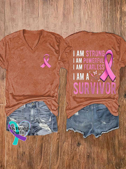 Women’s I AM STRONG I AM POWERFUL I AM FEARLESS I AM A SURVIVOR Breast Cancer Awareness V-neck Casual T-Shirt Orange / S