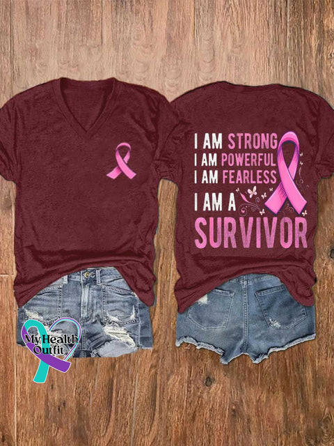 Women’s I AM STRONG I AM POWERFUL I AM FEARLESS I AM A SURVIVOR Breast Cancer Awareness V-neck Casual T-Shirt Red / S