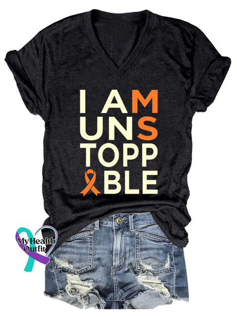 Women’s I Am Unstoppable Ms Awareness Multiple Sclerosis Warrior Multiple Sclerosis Orange Ribbon V-neck Casual T-Shirt
