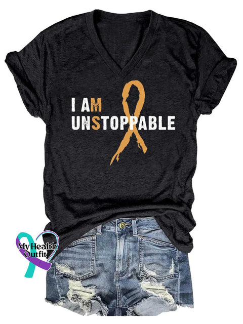 Women’s I AM UNSTOPPABLE Ms Awareness Multiple Sclerosis Warrior Multiple Sclerosis Orange Ribbon V-neck Casual T-Shirt