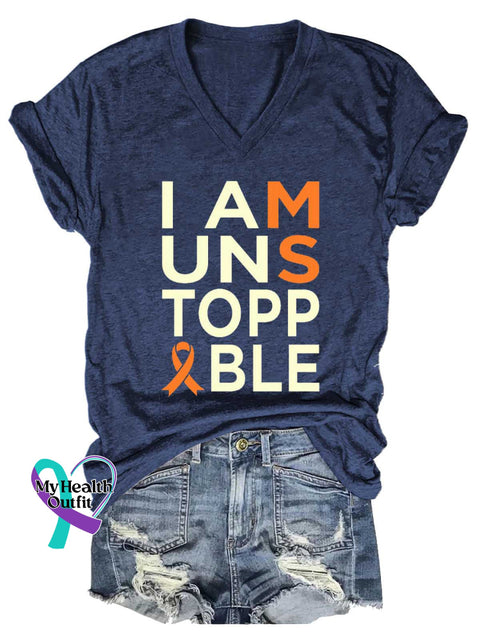 Women’s I Am Unstoppable Ms Awareness Multiple Sclerosis Warrior Multiple Sclerosis Orange Ribbon V-neck Casual T-Shirt