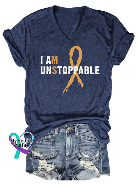 Women’s I AM UNSTOPPABLE Ms Awareness Multiple Sclerosis Warrior Multiple Sclerosis Orange Ribbon V-neck Casual T-Shirt