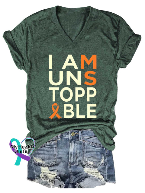 Women’s I Am Unstoppable Ms Awareness Multiple Sclerosis Warrior Multiple Sclerosis Orange Ribbon V-neck Casual T-Shirt